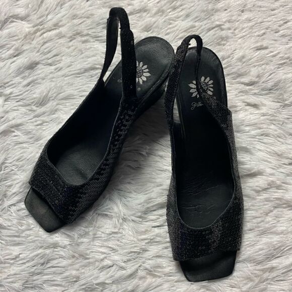 Yellow Box Easy Black Open Toe Sequin Sling Back Heels - Picture 1 of 5